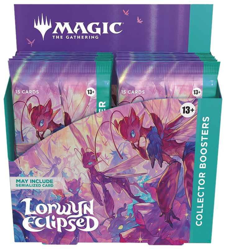 A Magic: The Gathering Lorwyn Eclipsed collector booster box featuring fairy-themed artwork.