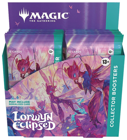 A Magic: The Gathering Lorwyn Eclipsed collector booster box featuring fairy-themed artwork.