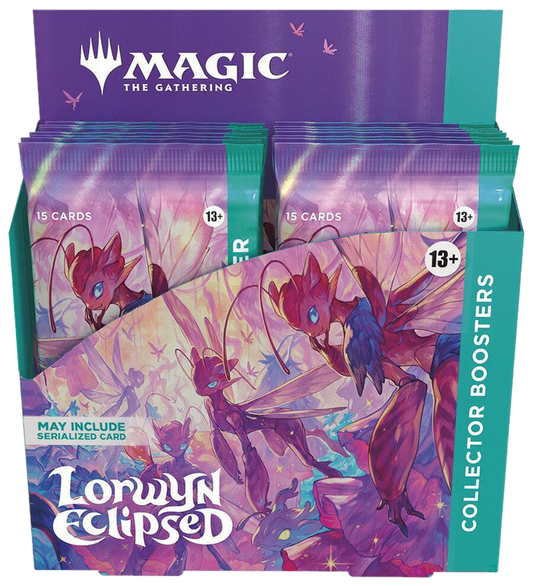 A Magic: The Gathering Lorwyn Eclipsed collector booster box featuring fairy-themed artwork.