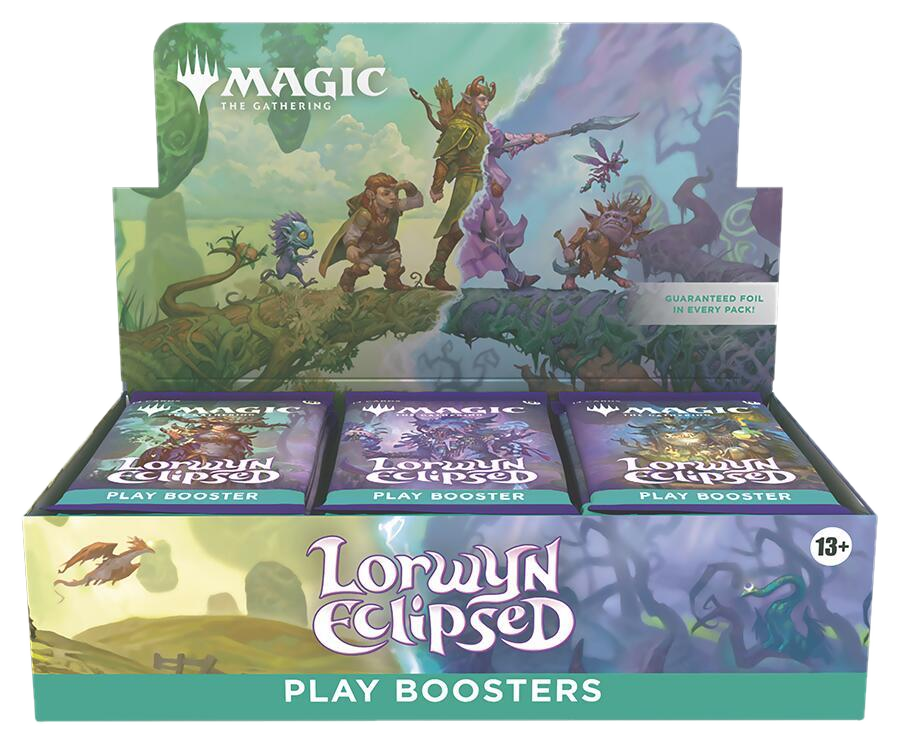 A Magic the Gathering Lorwyn Eclipsed play booster box with fantasy character artwork.