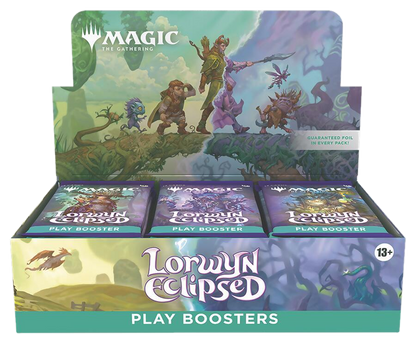 A Magic the Gathering Lorwyn Eclipsed play booster box with fantasy character artwork.