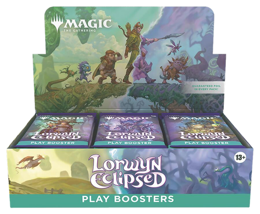 A Magic the Gathering Lorwyn Eclipsed play booster box with fantasy character artwork.