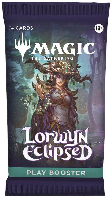 A Magic The Gathering Lorwyn Eclipsed play booster pack featuring fantasy character artwork.