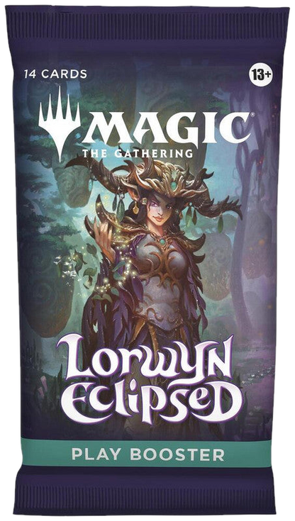 A Magic The Gathering Lorwyn Eclipsed play booster pack featuring fantasy character artwork.