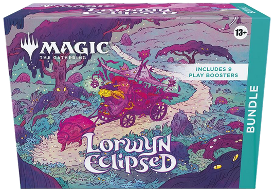 A Magic: The Gathering Lorwyn Eclipsed bundle box featuring whimsical, dark forest artwork.
