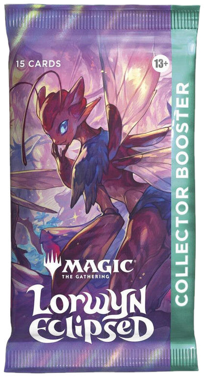 A Magic: The Gathering Lorwyn Eclipsed collector booster pack featuring fairy-themed artwork.