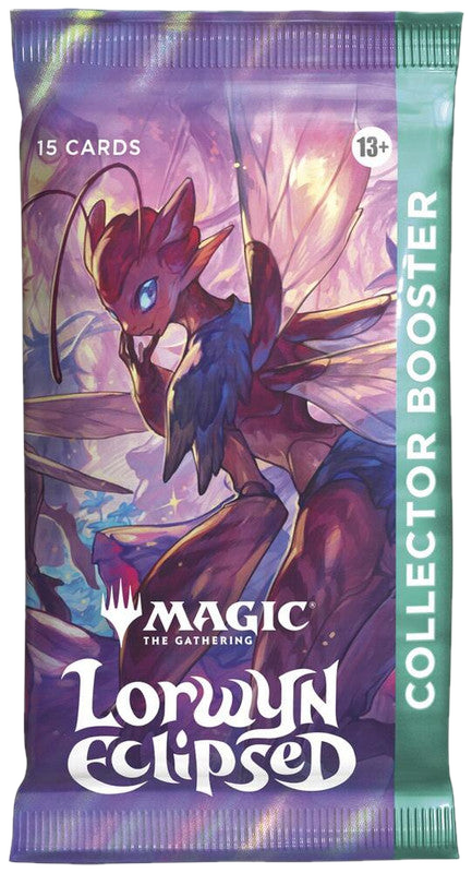 A Magic: The Gathering Lorwyn Eclipsed collector booster pack featuring fairy-themed artwork.
