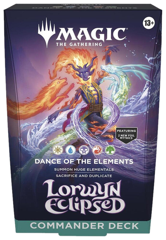 A Magic: The Gathering Lorwyn Eclipsed Commander deck box featuring elemental artwork.
