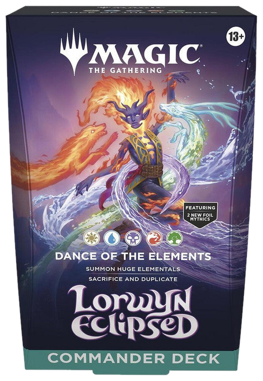 A Magic: The Gathering Lorwyn Eclipsed Commander deck box featuring elemental artwork.