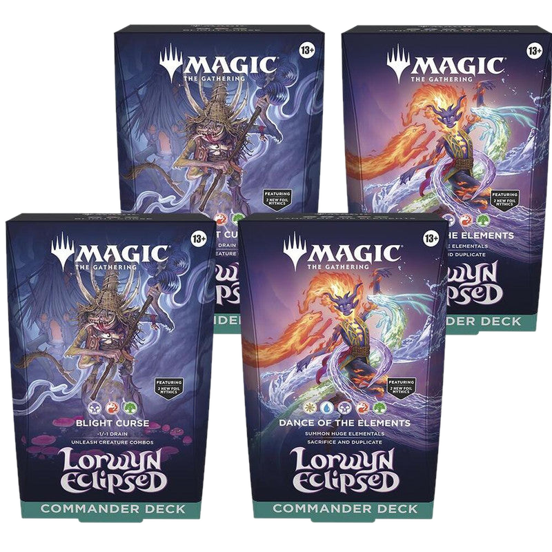 Two Magic: The Gathering Lorwyn Eclipsed Commander deck boxes shown from front and top angles.