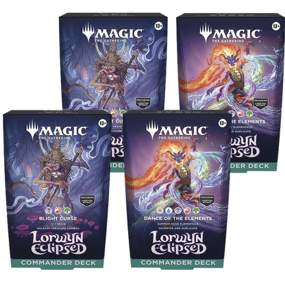 Two Magic: The Gathering Lorwyn Eclipsed Commander deck boxes shown from front and top angles.