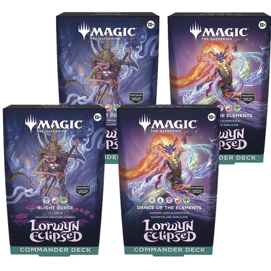 Two Magic: The Gathering Lorwyn Eclipsed Commander deck boxes shown from front and top angles.