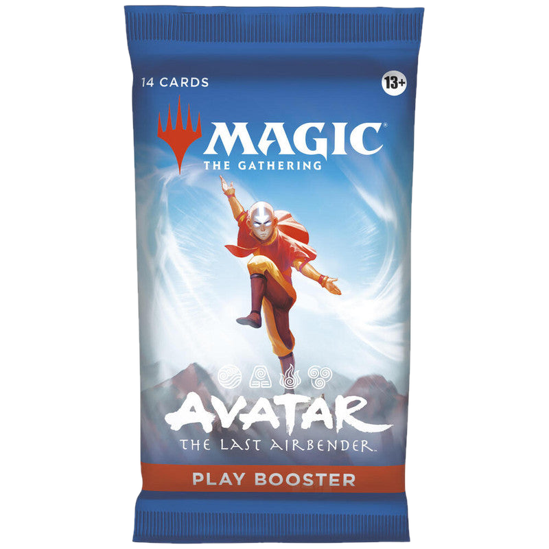 A Magic: The Gathering Avatar the Last Airbender play booster pack featuring Aang on the front.