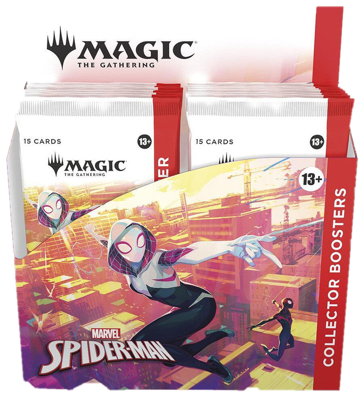 A Magic The Gathering Spider-Man Collector Booster box featuring Spider-Gwen on the packaging.