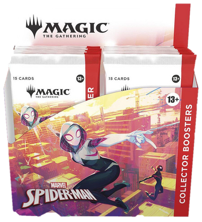 A Magic The Gathering Spider-Man Collector Booster box featuring Spider-Gwen on the packaging.