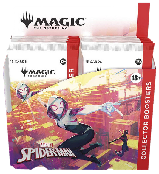 A Magic The Gathering Spider-Man Collector Booster box featuring Spider-Gwen on the packaging.