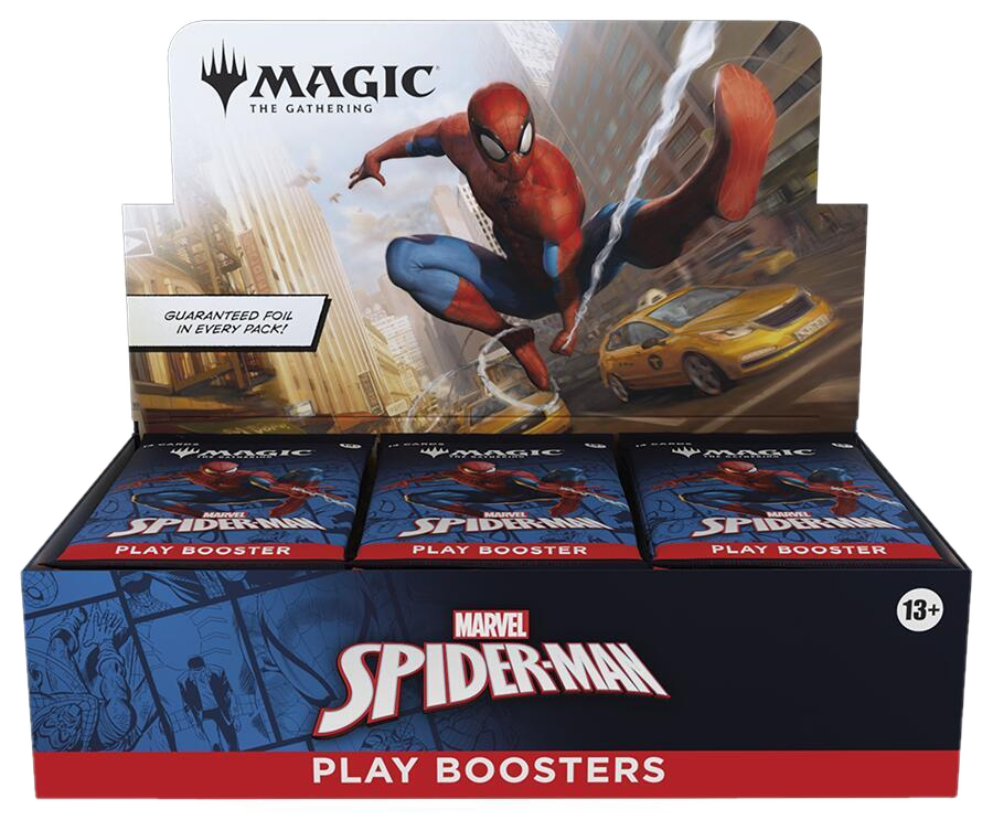 A Magic The Gathering Spider-Man play booster box featuring Spider-Man artwork.