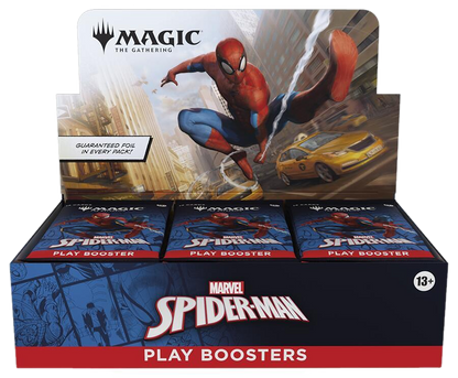 A Magic The Gathering Spider-Man play booster box featuring Spider-Man artwork.