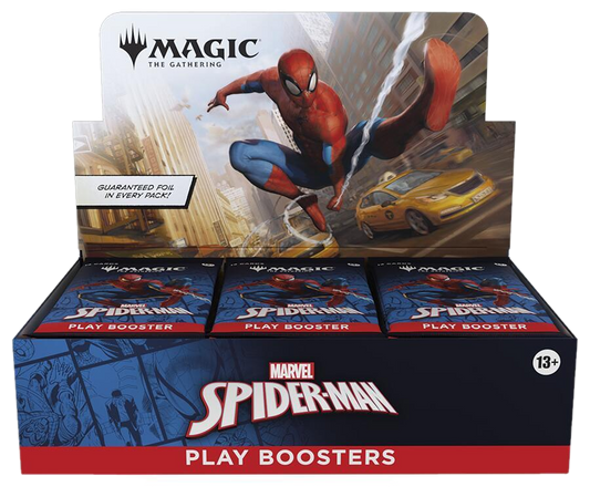 A Magic The Gathering Spider-Man play booster box featuring Spider-Man artwork.