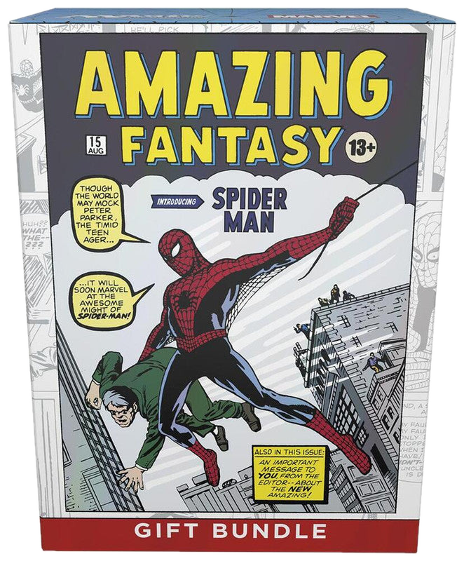 A Magic The Gathering gift bundle box featuring the iconic Amazing Fantasy 15 Spider-Man cover art.