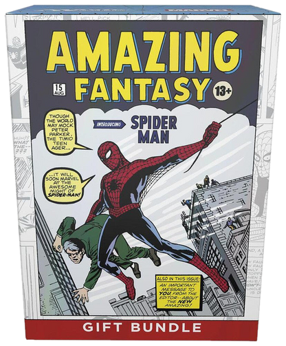 A Magic The Gathering gift bundle box featuring the iconic Amazing Fantasy 15 Spider-Man cover art.