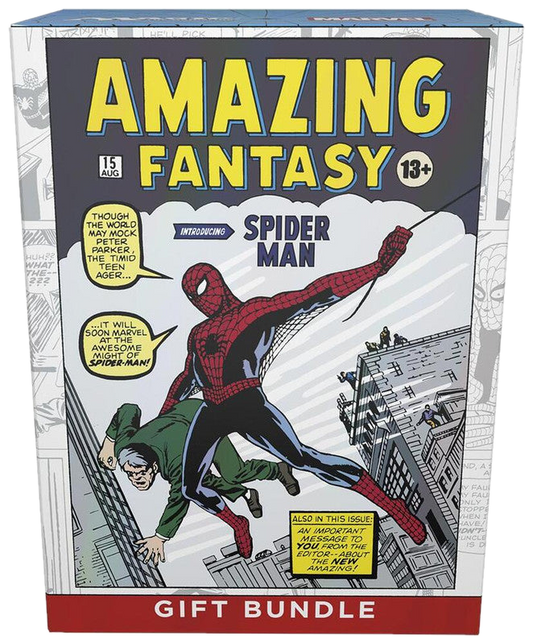 A Magic The Gathering gift bundle box featuring the iconic Amazing Fantasy 15 Spider-Man cover art.