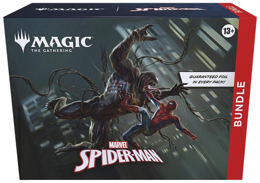 A Magic The Gathering Spider-Man bundle box featuring artwork of Spider-Man fighting Venom.