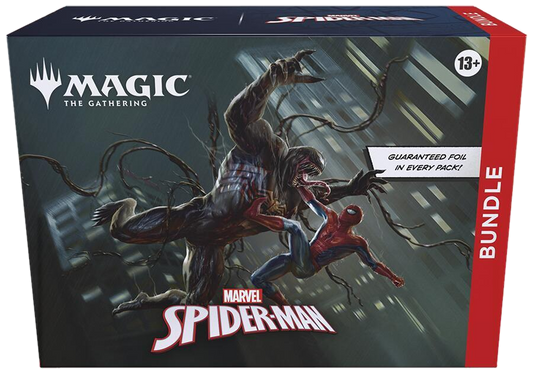 A Magic The Gathering Spider-Man bundle box featuring artwork of Spider-Man fighting Venom.