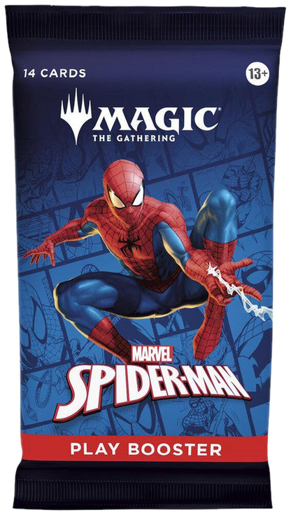 A Magic: The Gathering Spider-Man play booster pack featuring Spider-Man on the front.
