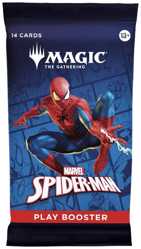 A Magic: The Gathering Spider-Man play booster pack featuring Spider-Man on the front.