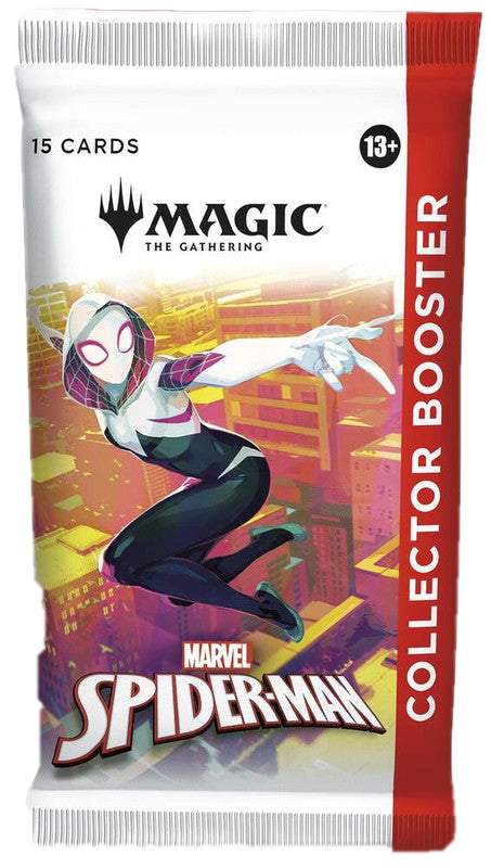 A Magic: The Gathering Spider-Man collector booster pack featuring Ghost-Spider on the front.