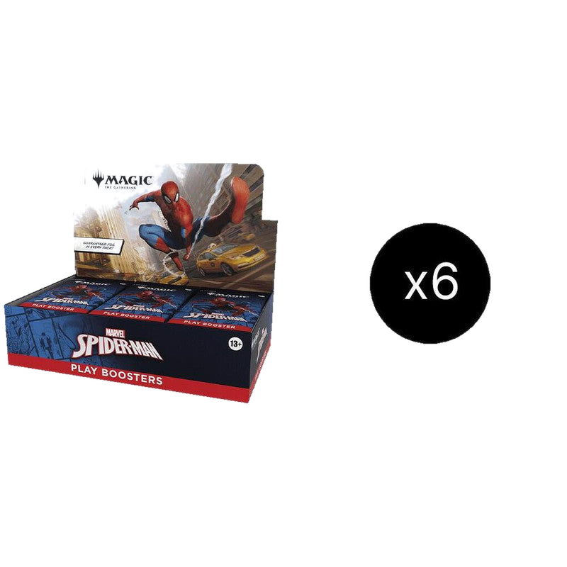 A case of six Magic The Gathering Spider-Man Play Booster boxes featuring Spider-Man artwork.