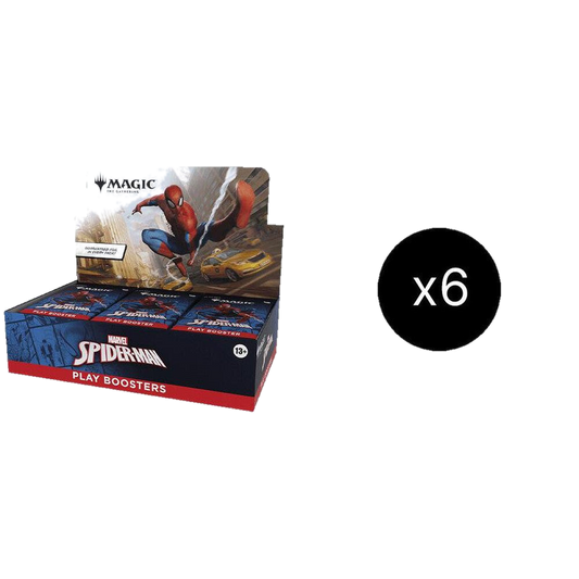 A case of six Magic The Gathering Spider-Man Play Booster boxes featuring Spider-Man artwork.