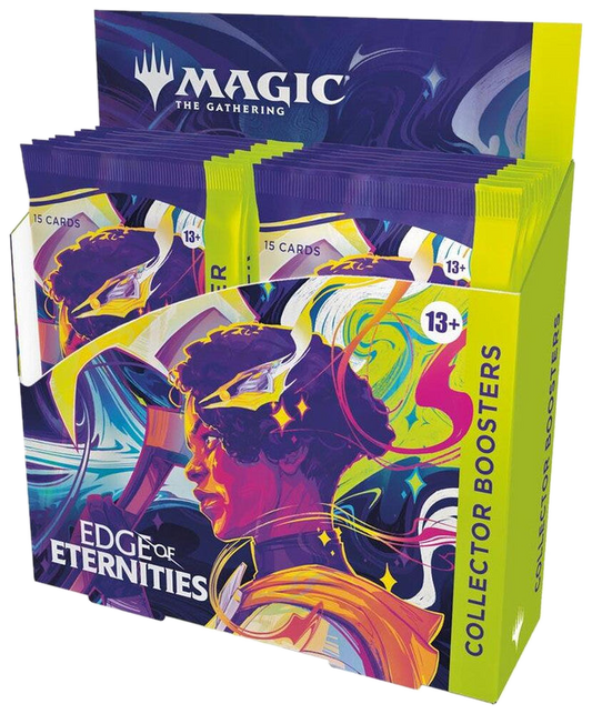 A Magic: The Gathering Edge of Eternities collector booster box containing multiple card packs.