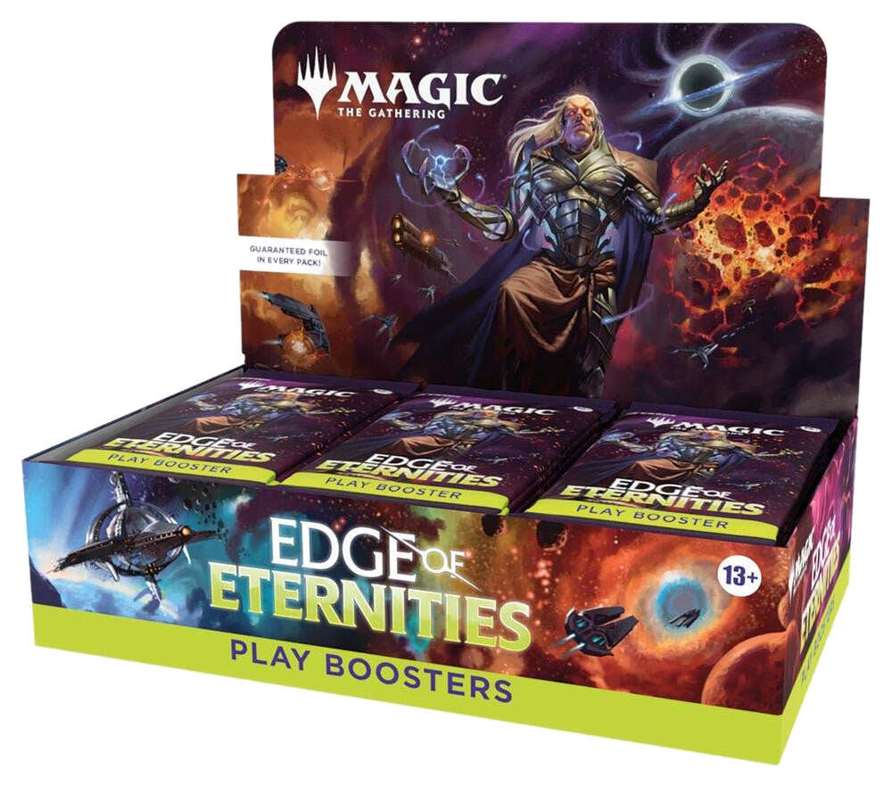 A Magic: The Gathering Edge of Eternities play booster box featuring space-themed artwork.