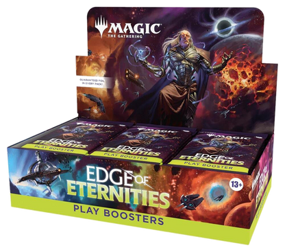 A Magic: The Gathering Edge of Eternities play booster box featuring space-themed artwork.