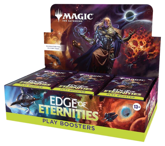 A Magic: The Gathering Edge of Eternities play booster box featuring space-themed artwork.