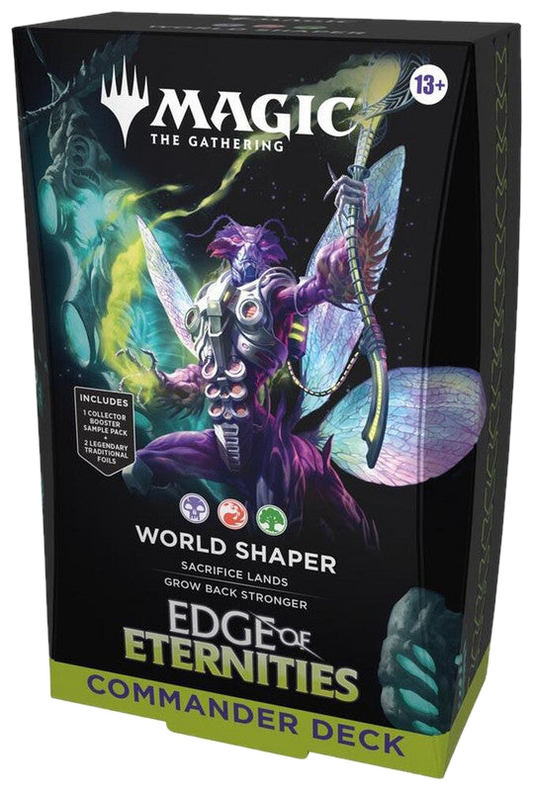 A Magic: The Gathering World Shaper Commander deck box featuring a purple insectoid creature.