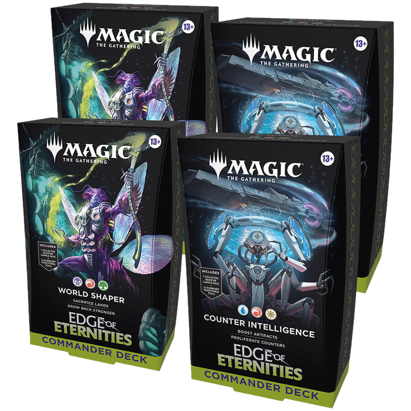 Two Magic: The Gathering Edge of Eternities Commander decks displayed in their boxes.