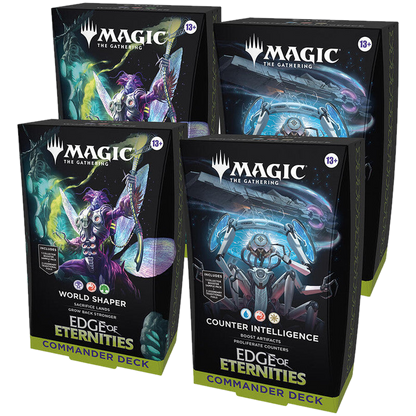 Two Magic: The Gathering Edge of Eternities Commander decks displayed in their boxes.