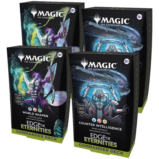 Two Magic: The Gathering Edge of Eternities Commander decks displayed in their boxes.