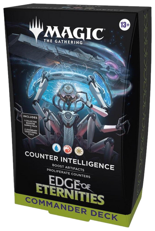 A Magic: The Gathering Counter Intelligence Commander deck box featuring a robotic figure.