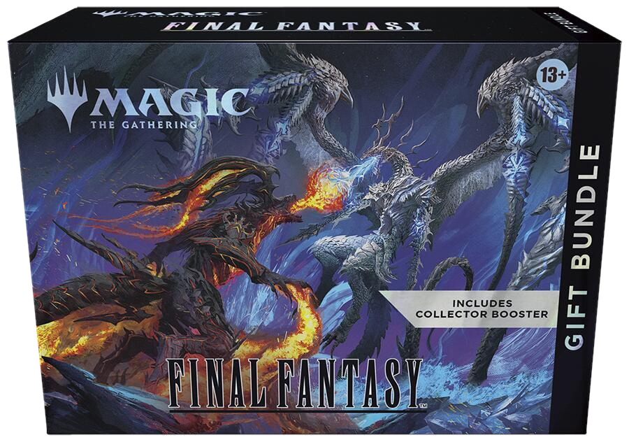 A Magic: The Gathering Final Fantasy gift bundle box featuring artwork of two dragons fighting.