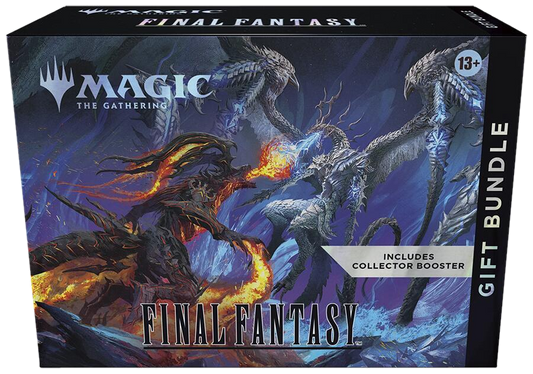 A Magic: The Gathering Final Fantasy gift bundle box featuring artwork of two dragons fighting.