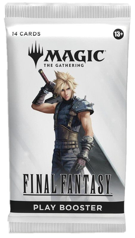 A Magic: The Gathering Final Fantasy play booster pack featuring Cloud Strife on the front.