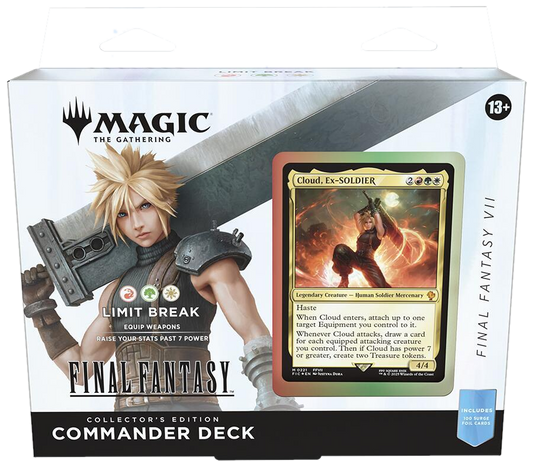 A Magic the Gathering Final Fantasy Commander deck box featuring Cloud Strife and his card.