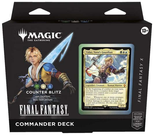 A Magic: The Gathering Final Fantasy Commander deck box featuring Tidus on the packaging.