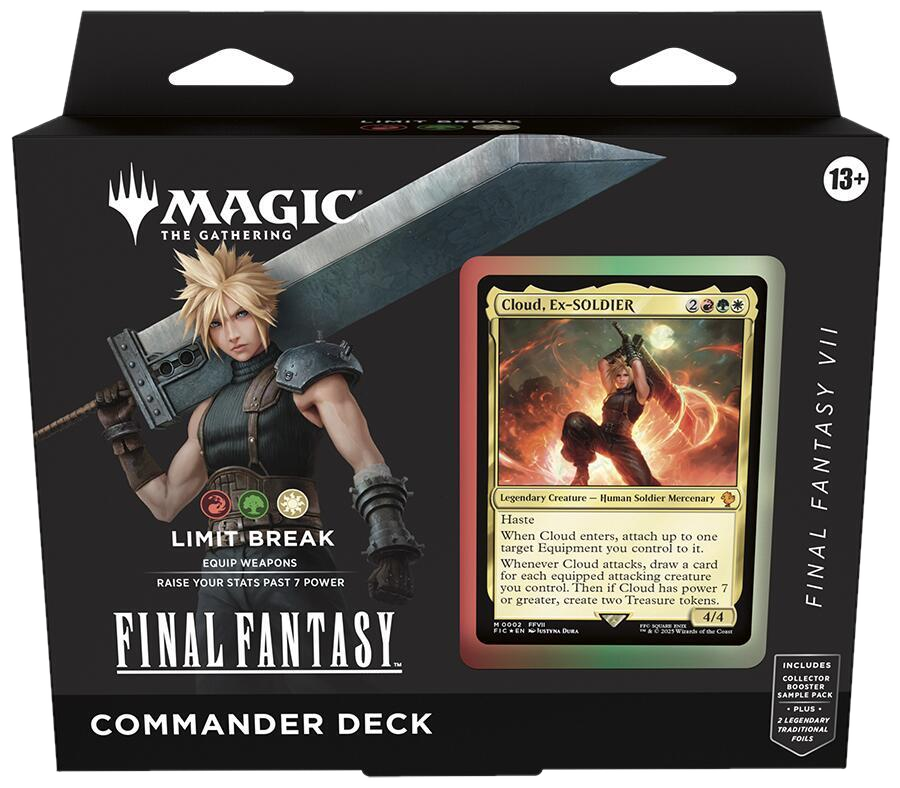 A Magic: The Gathering Final Fantasy Commander deck box featuring Cloud Strife and his card.