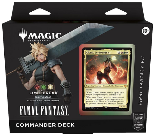 A Magic: The Gathering Final Fantasy Commander deck box featuring Cloud Strife and his card.