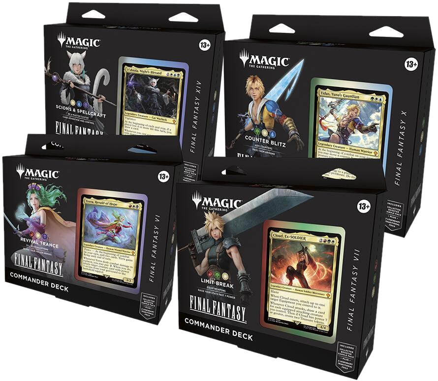Four Magic: The Gathering Final Fantasy Commander decks featuring Y'shtola, Tidus, Terra, and Cloud.